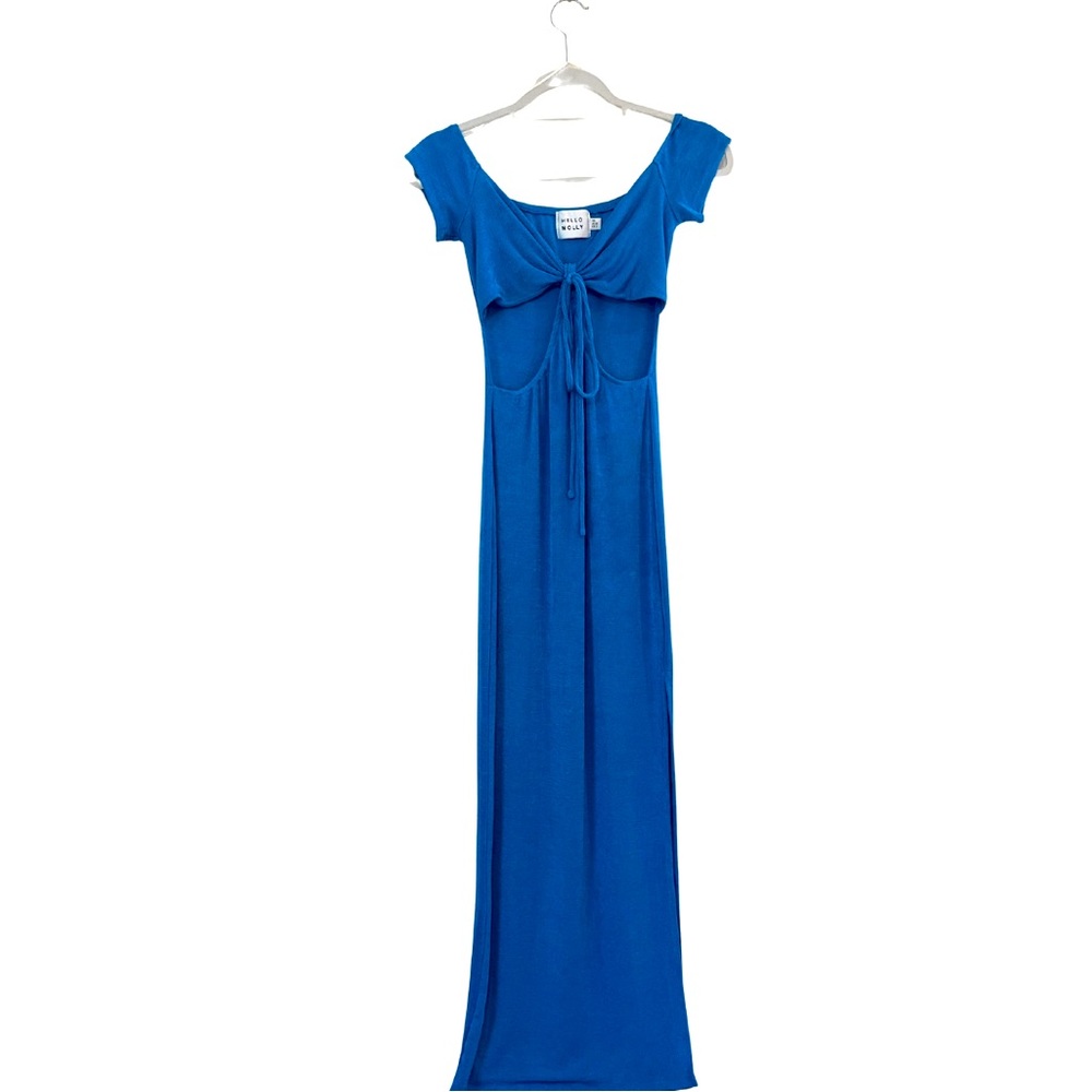 hello molly blue textured shiny knit maxi dress